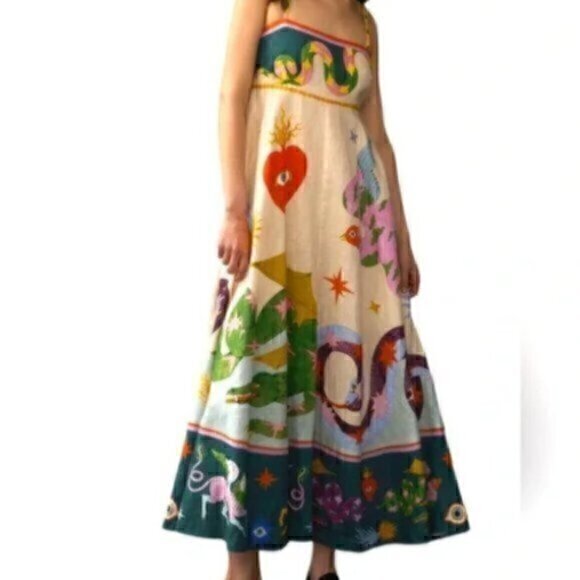 Bohemian A line Unique Print Smocked Back Midi Beach Dress XL - Picture 1 of 16